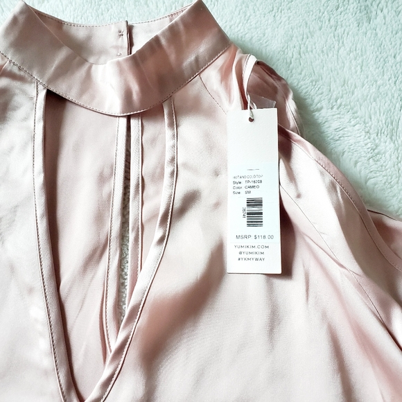 SOLD! - NWT ANTHRO | YUMI KIM satin pink cold shoulder top - Picture 4 of 5